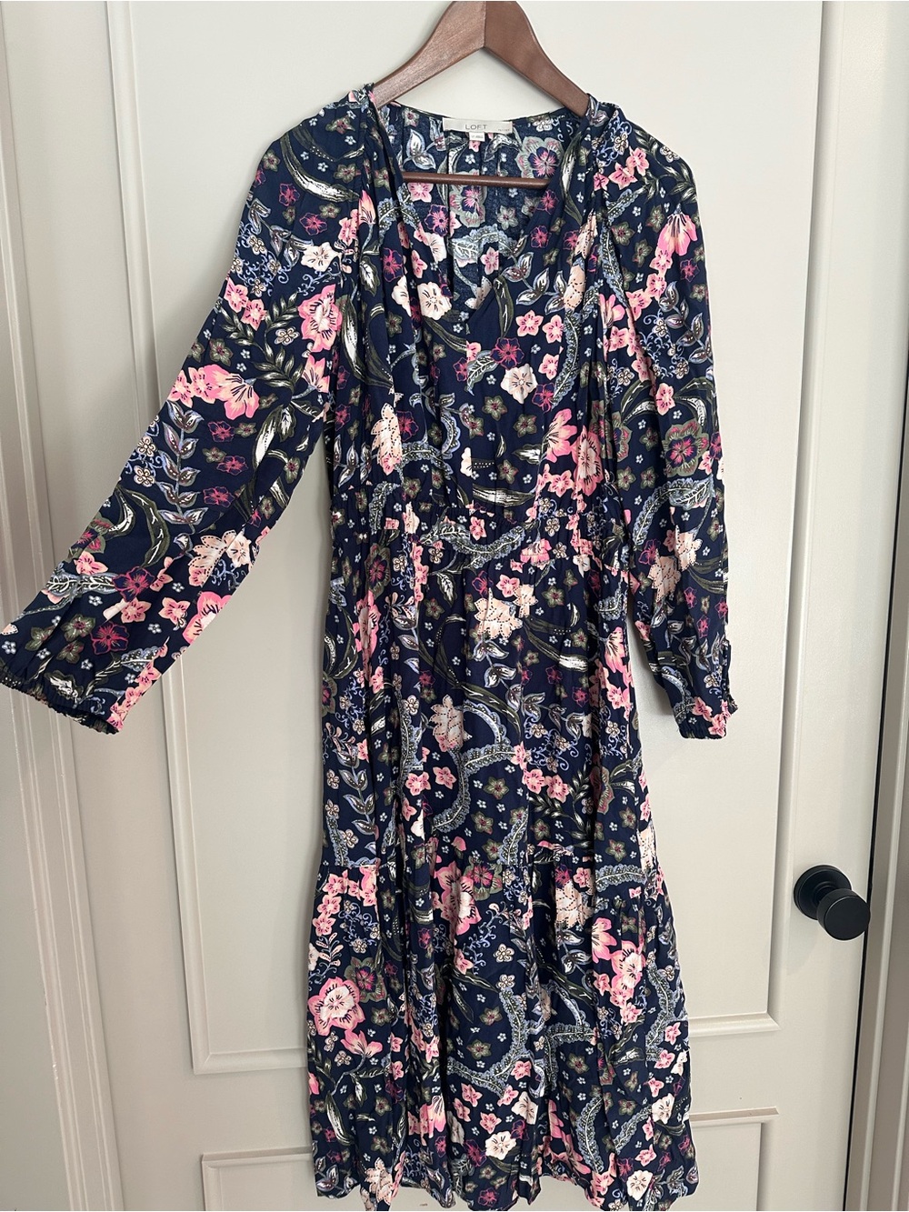 LOFT Navy Long Sleeve Floral Tiered Dress with Pink Accents